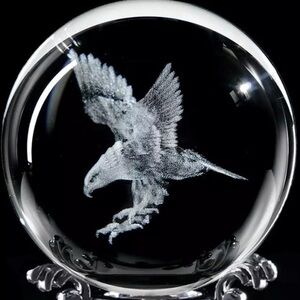 3D Engraved Eagle Crystal Ball with Stand Laser Etched Glass Eagle New